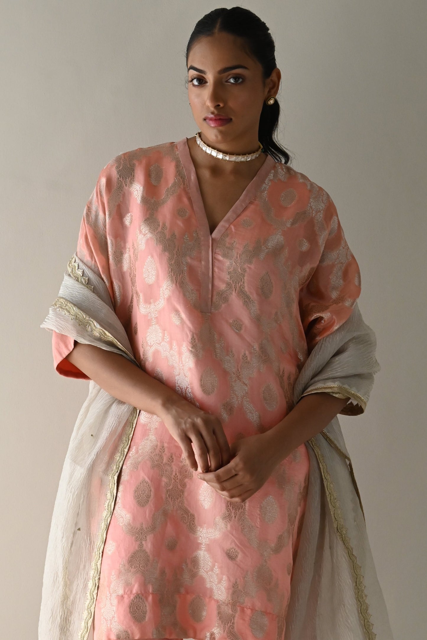 Shahi Kaftan in Rose Pink Brocade with Rose Pink Pant