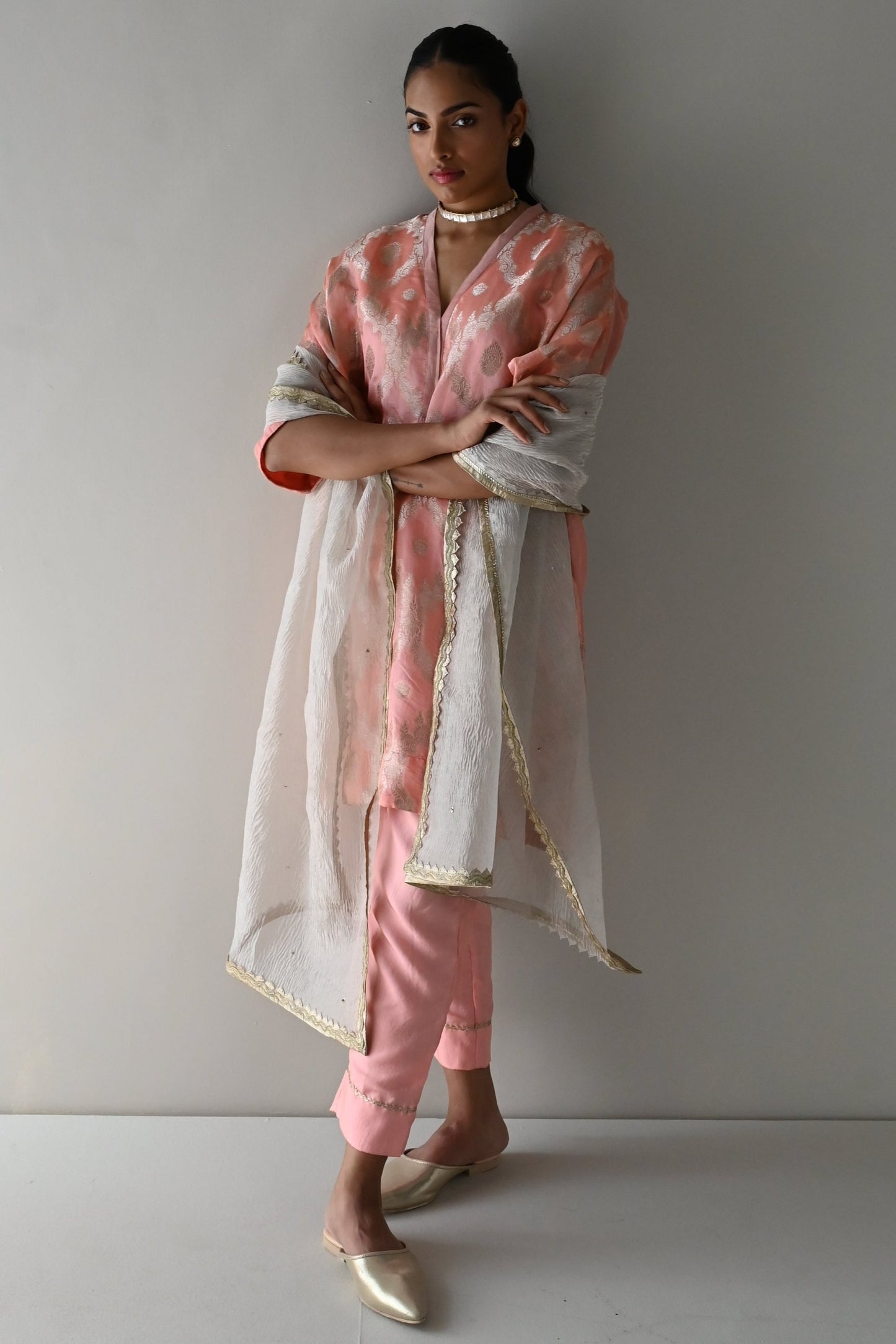 Shahi Kaftan in Rose Pink Brocade with Rose Pink Pant