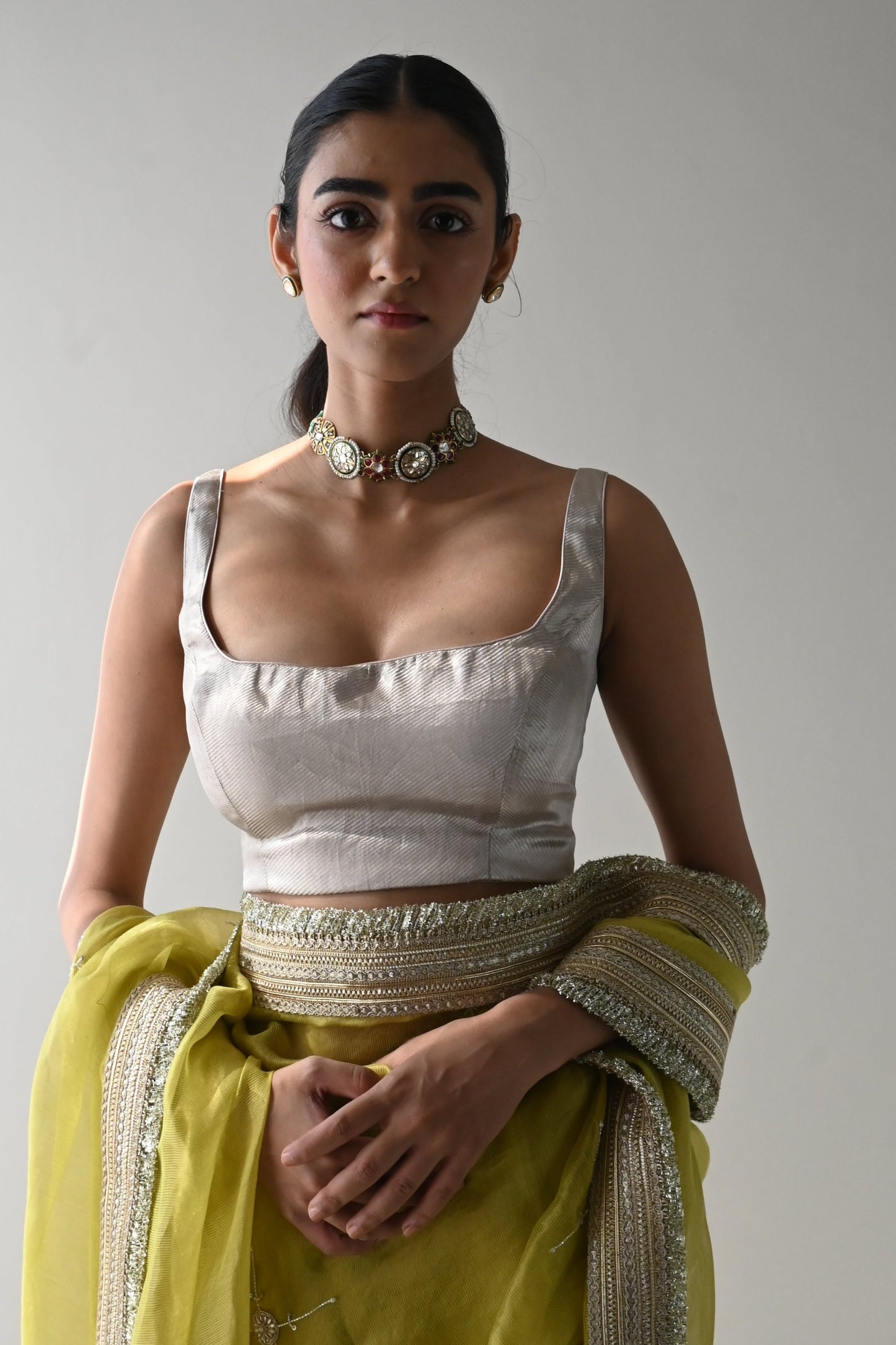 Maanvi Padded Blouse in Silver Brocade Tissue