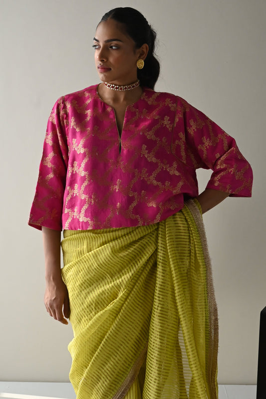 Bel Jhabla Blouse in Hot Pink Brocade