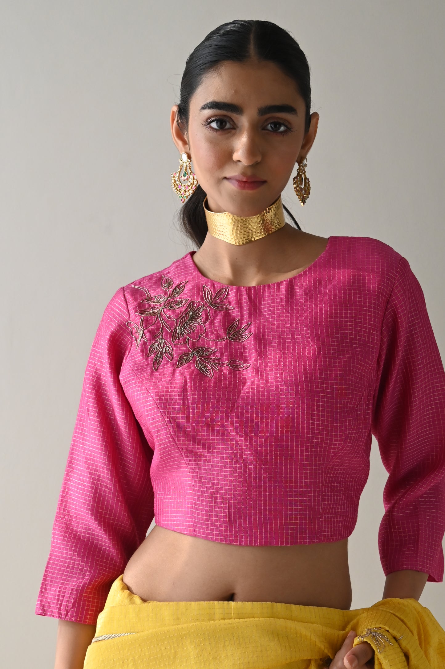 Zero Neck Blouse in Hot Pink Checks Silk