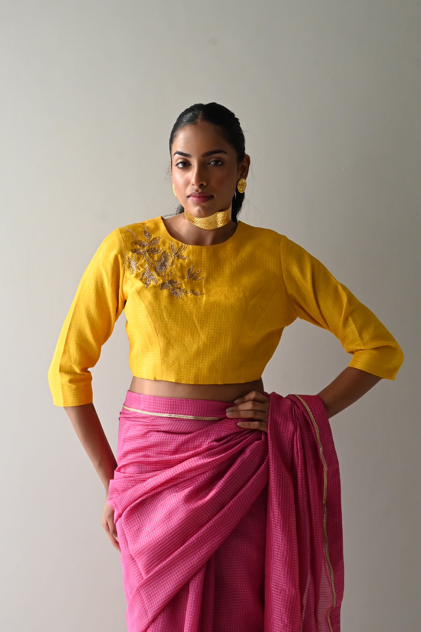 Zero Neck Blouse in Yellow Checks Silk