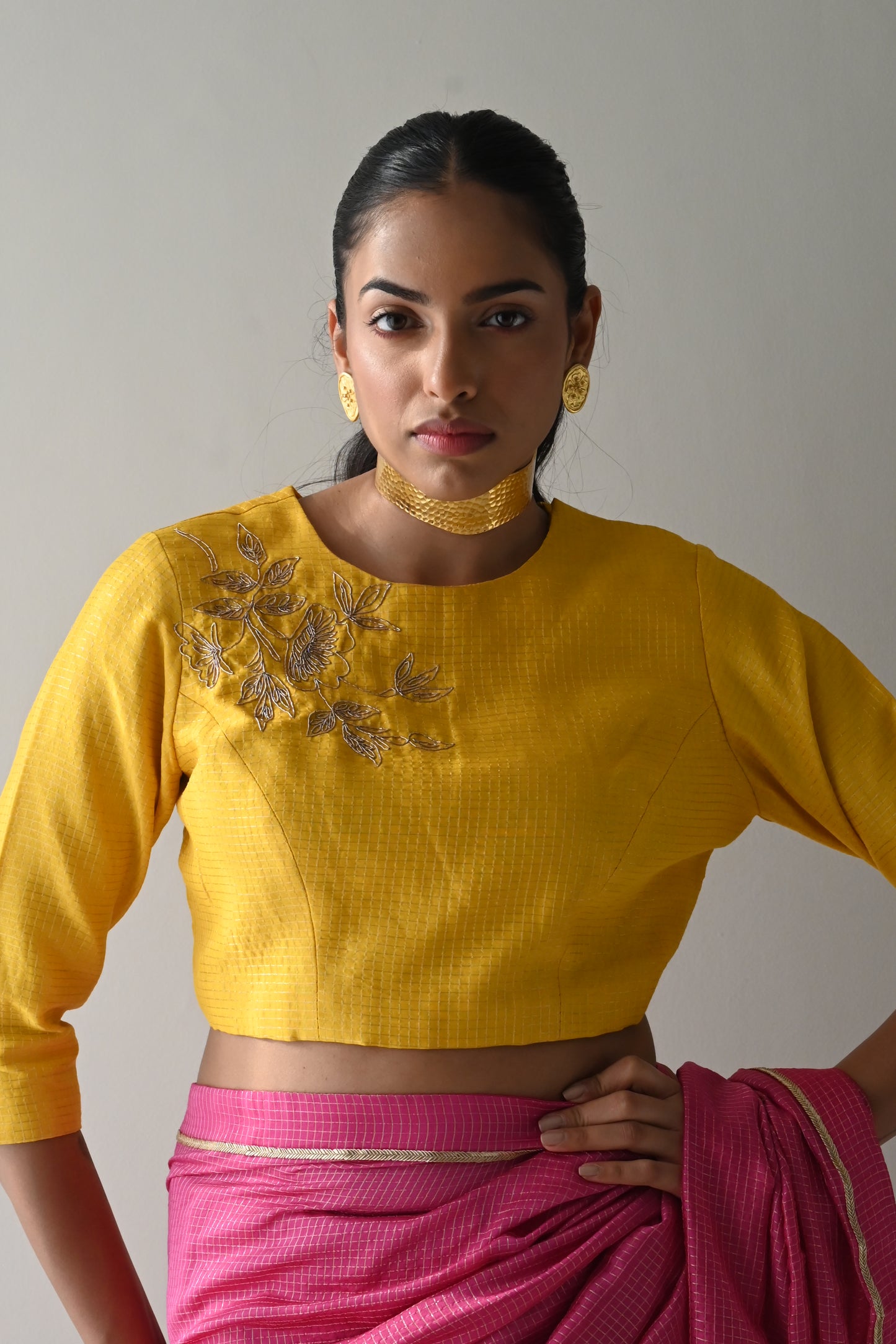 Zero Neck Blouse in Yellow Checks Silk