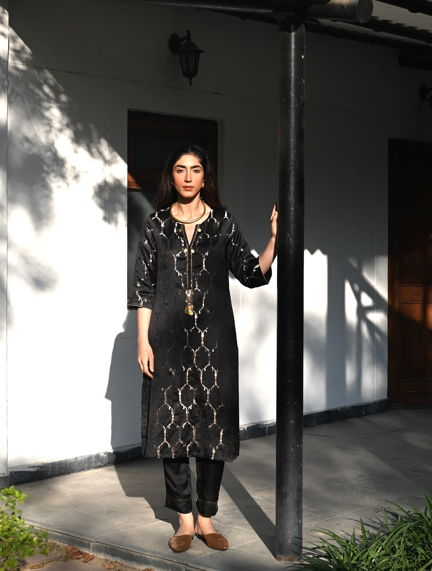 Curly Jaal Kurta in Black Brocade with Black Pant