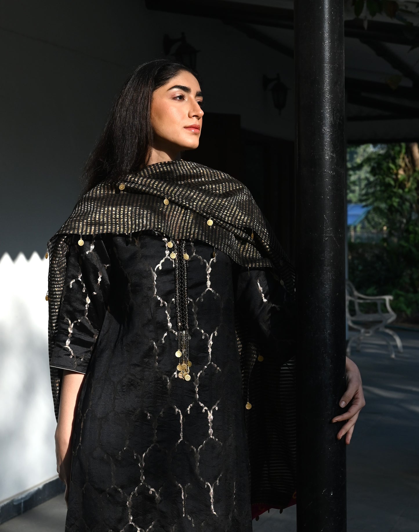 Curly Jaal Kurta in Black Brocade with Black Pant