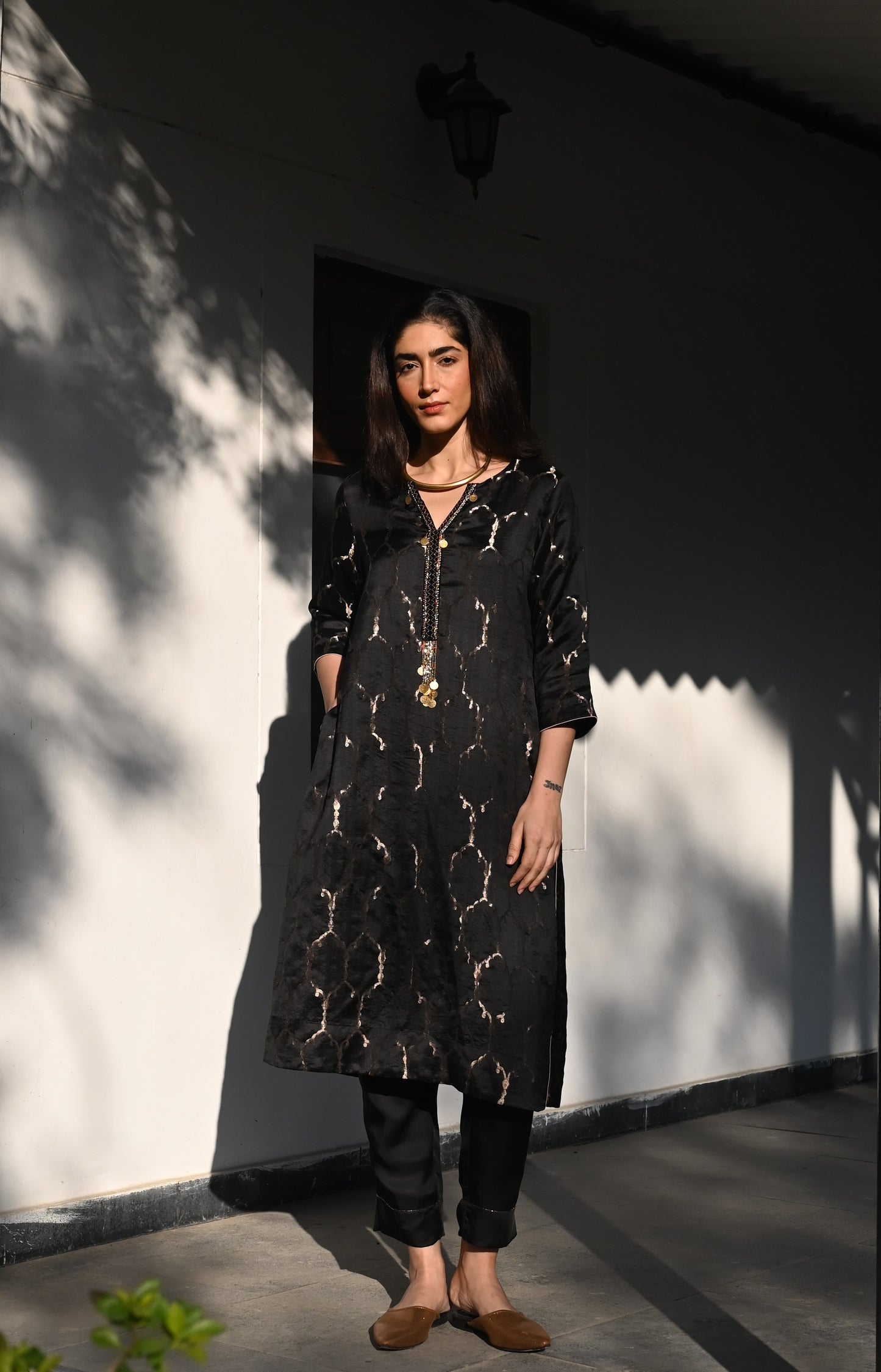 Curly Jaal Kurta in Black Brocade with Black Pant