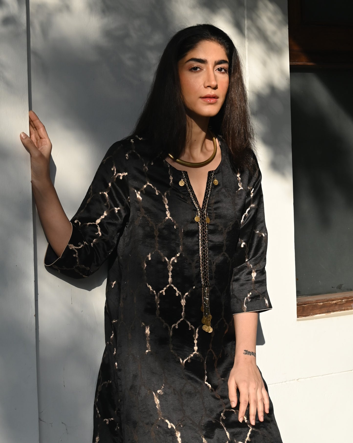 Curly Jaal Kurta in Black Brocade with Black Pant