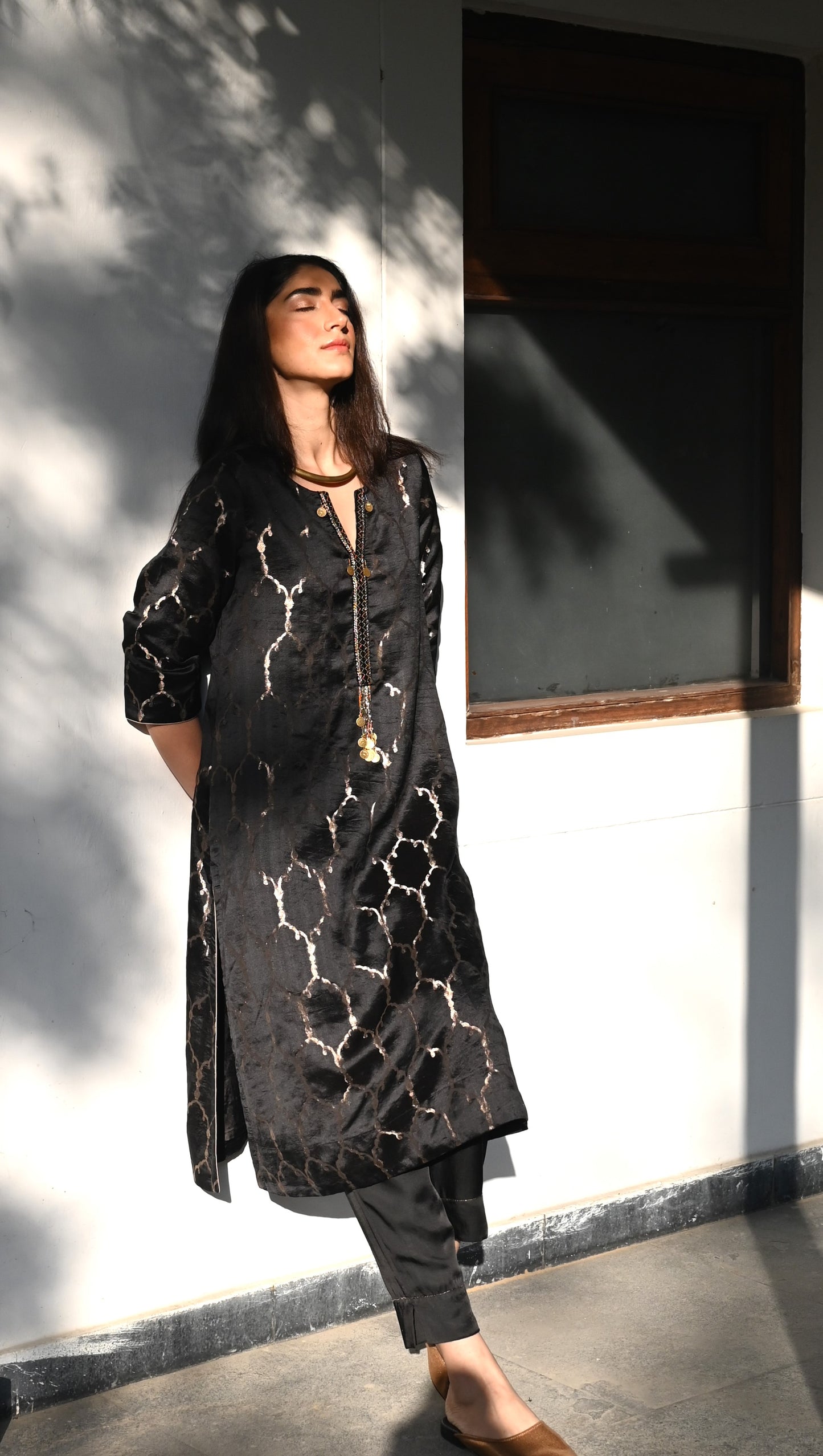 Curly Jaal Kurta in Black Brocade with Black Pant