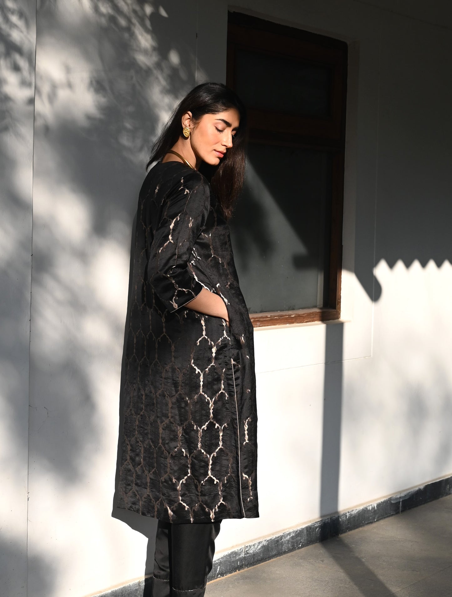 Curly Jaal Kurta in Black Brocade with Black Pant