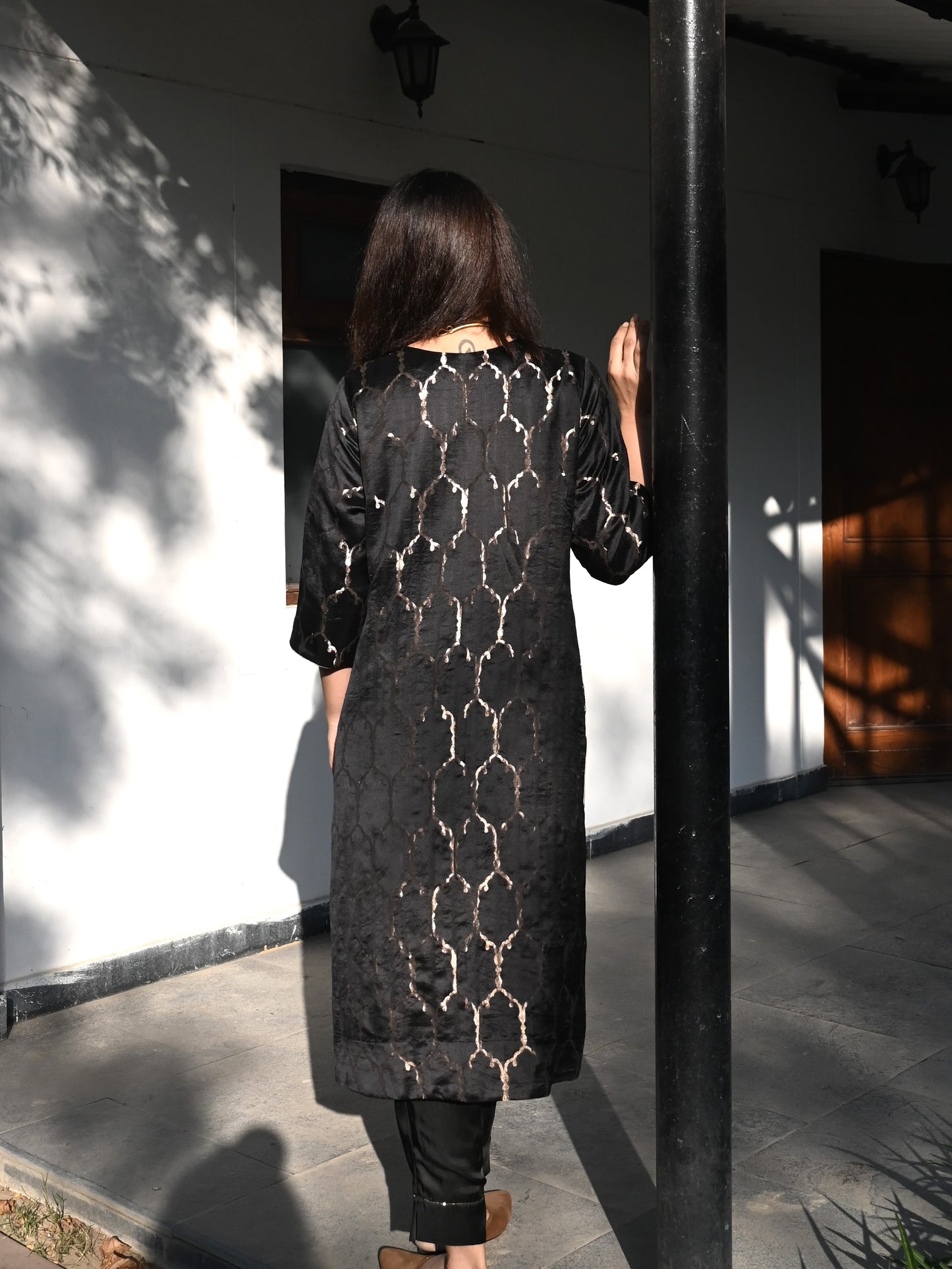 Curly Jaal Kurta in Black Brocade with Black Pant