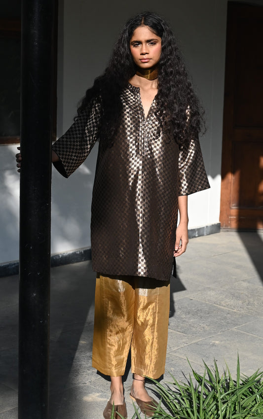 Shatranj Kurta in Black Check Brocade with Tissue Salwar