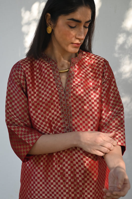 Shatranj Kurta in Red Check Brocade with Tissue Salwar