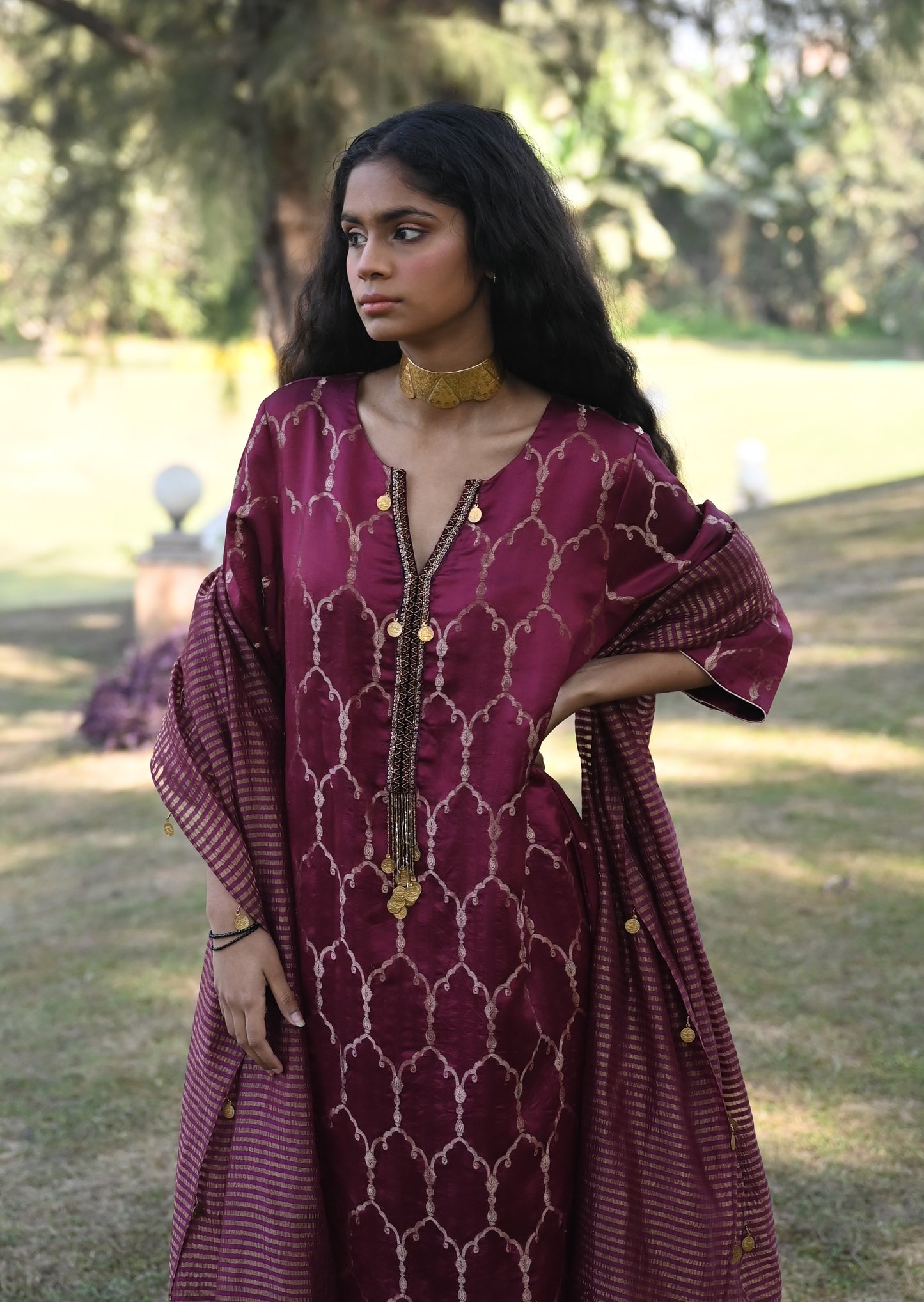 Curly Jaal Kurta in Purple Brocade with Gold Pant