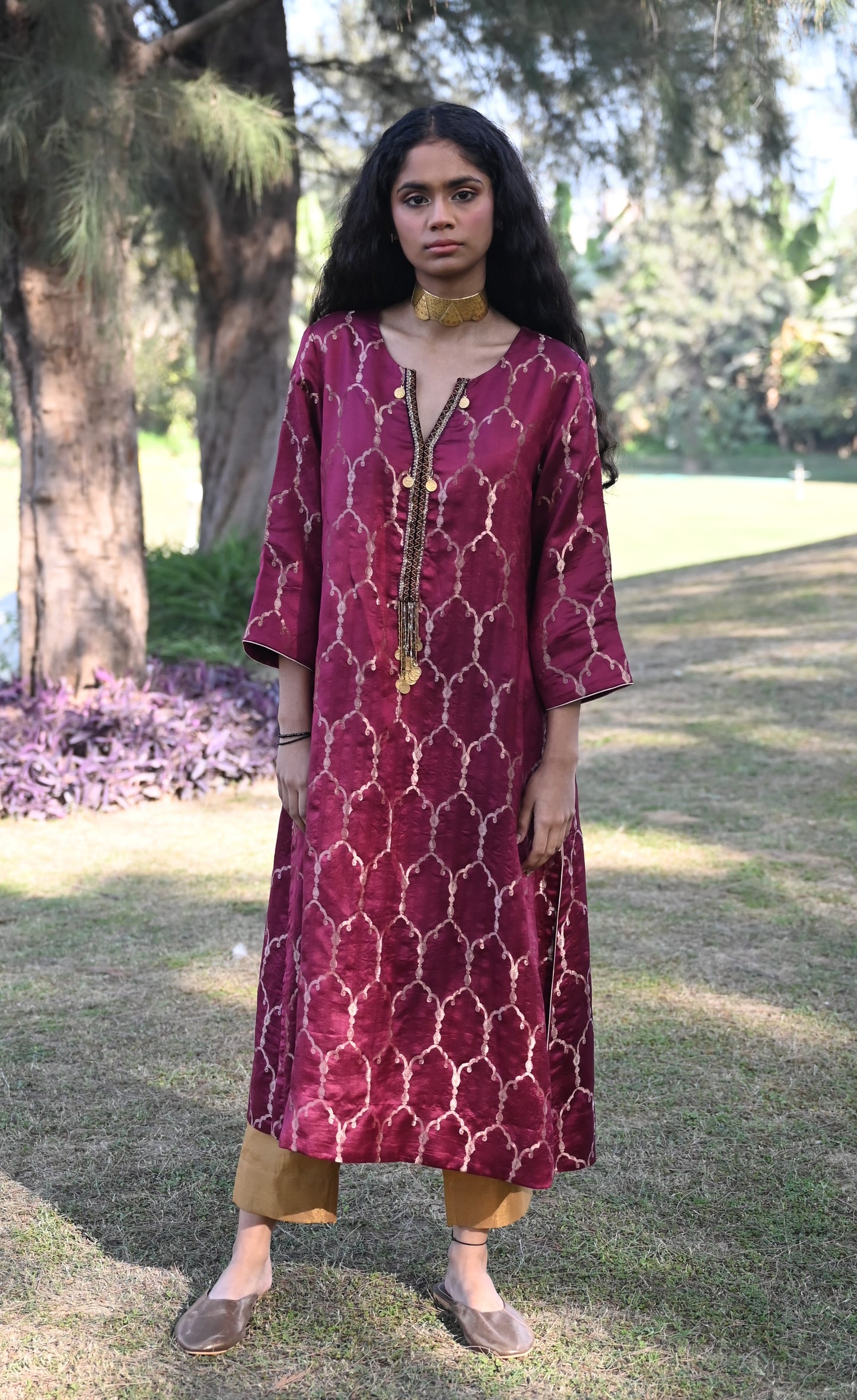 Curly Jaal Kurta in Purple Brocade with Gold Pant