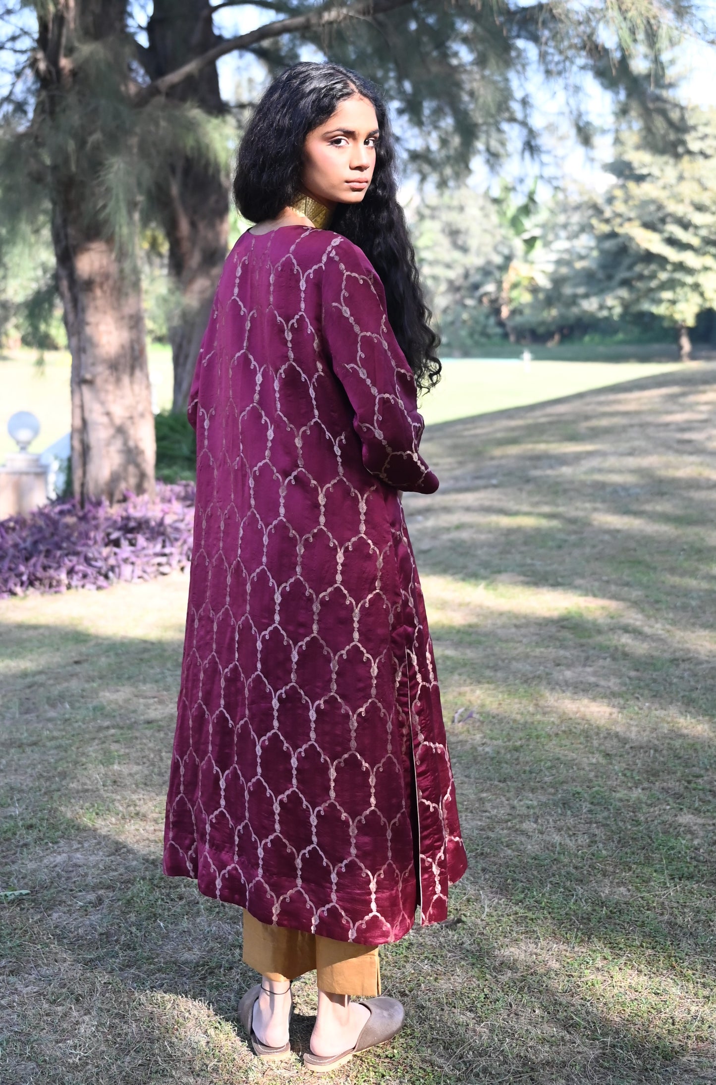 Curly Jaal Kurta in Purple Brocade with Gold Pant