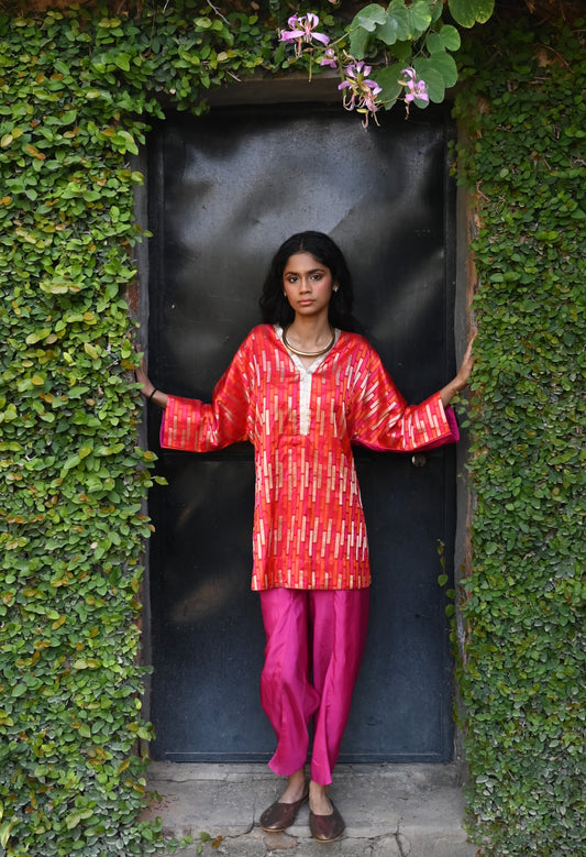 Shahi Kaftan in Red and Pink Brocade with Pink Nandini Dhoti