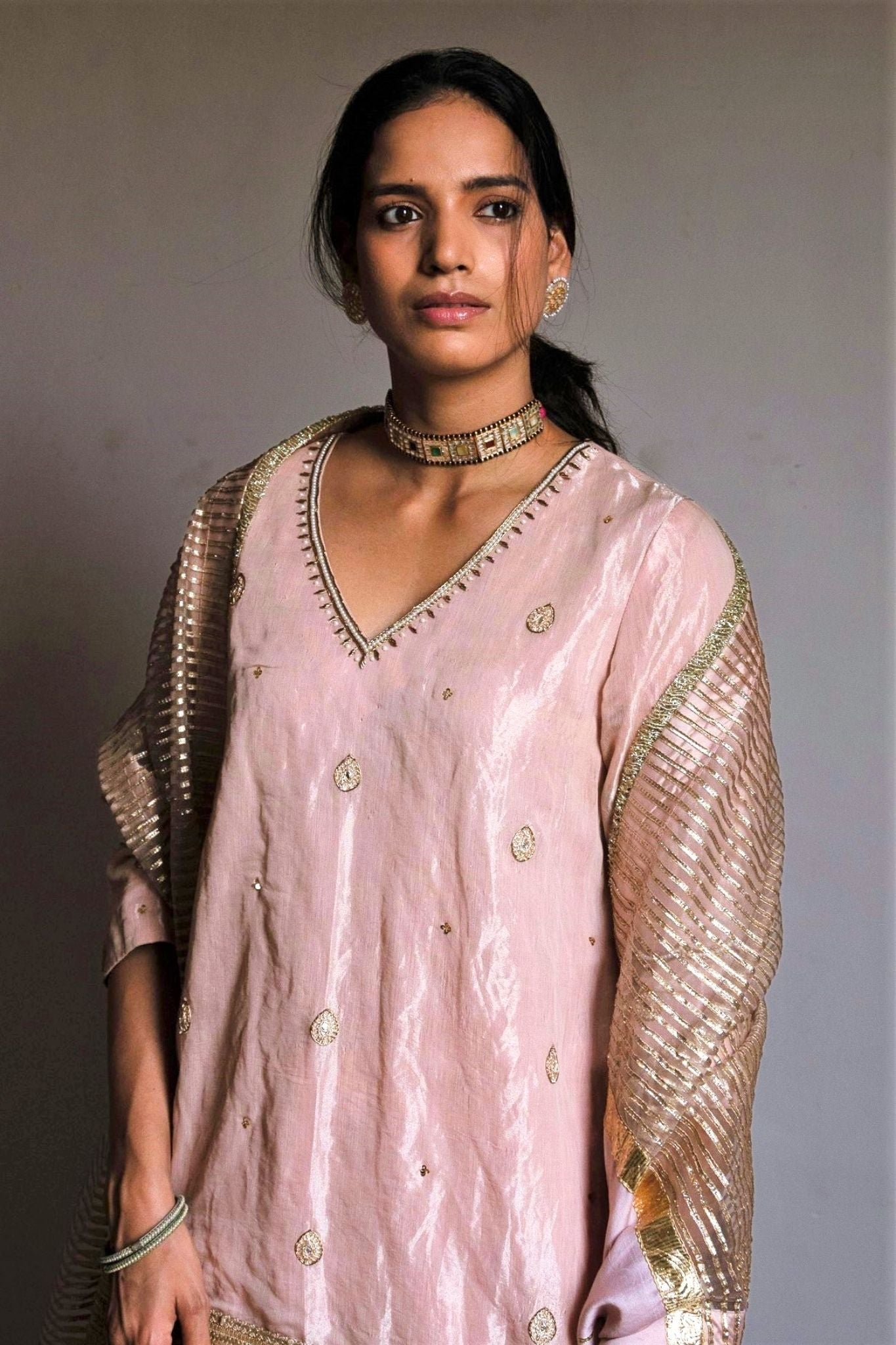Mini V kurta in Ash pink Handloom Tissue with garara