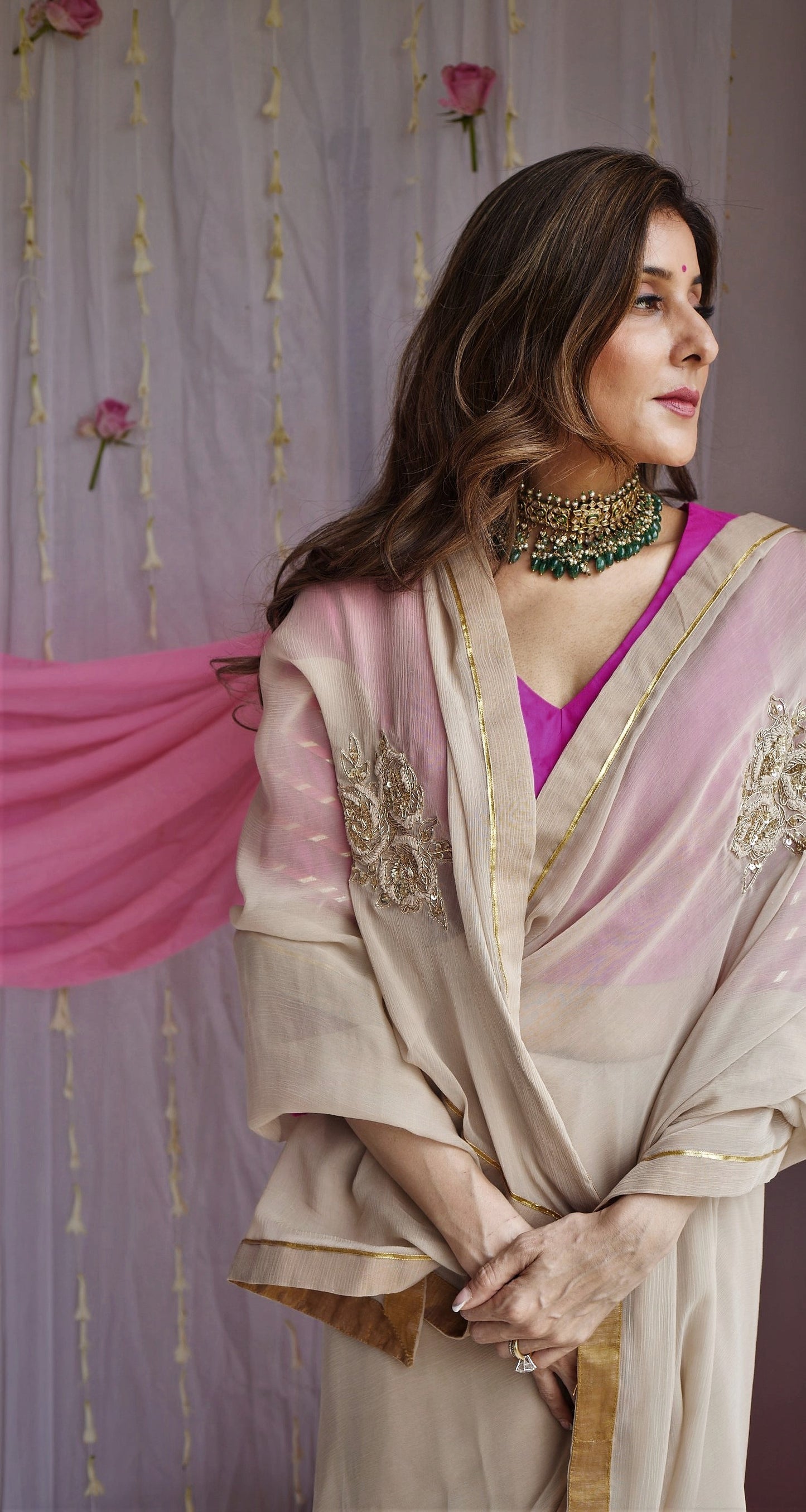 Sari in Pearl Beige Chiffon