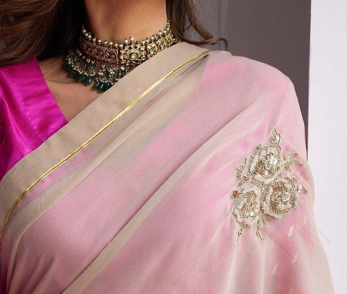 Sari in Pearl Beige Chiffon