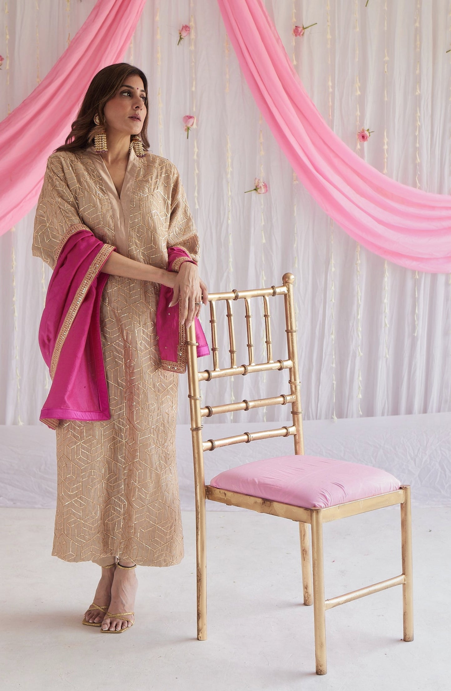 Kaftan in Pearl Beige Octa Gota Chanderi with Pants