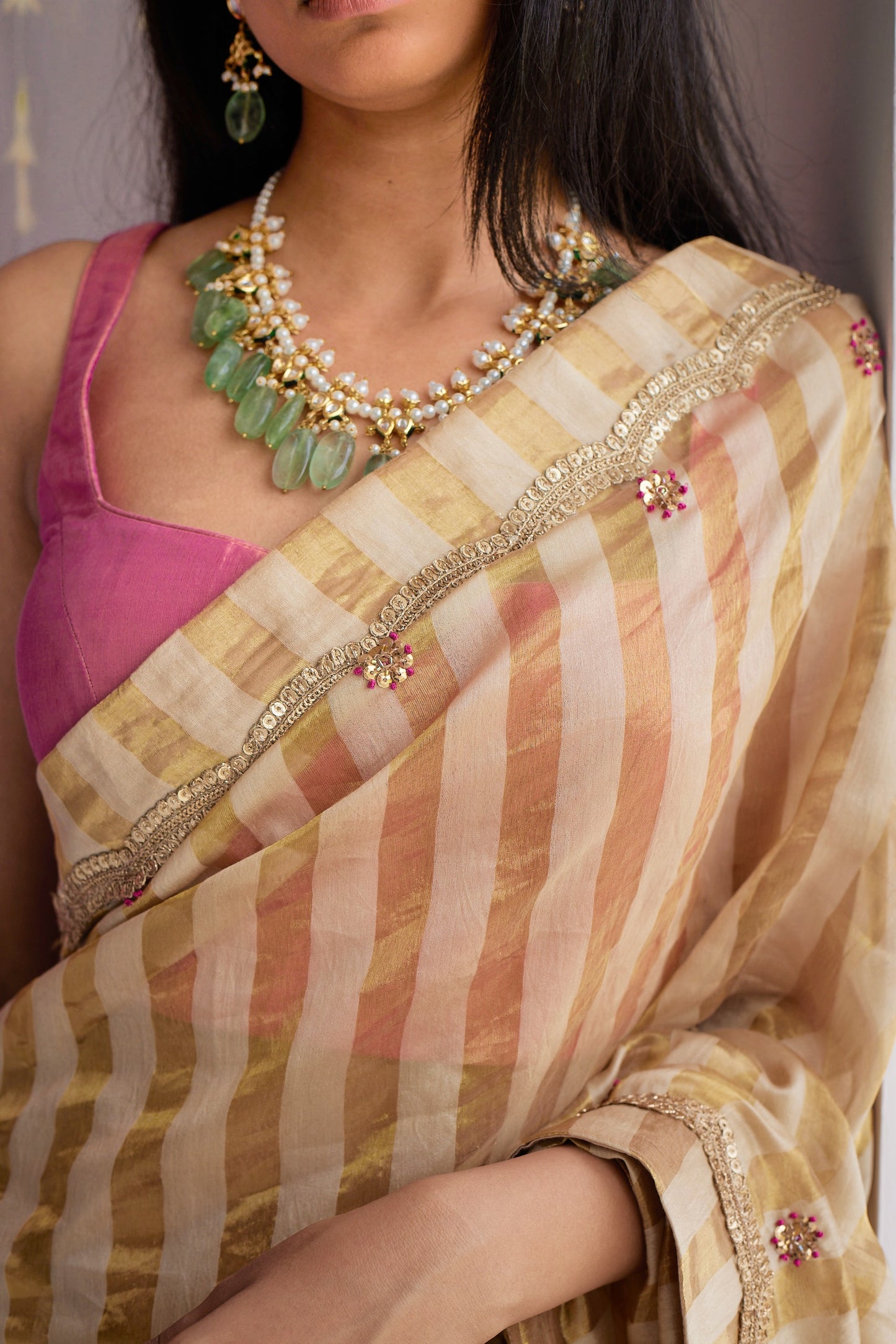 Sari in Pearl Beige Tissue Stripes Chanderi