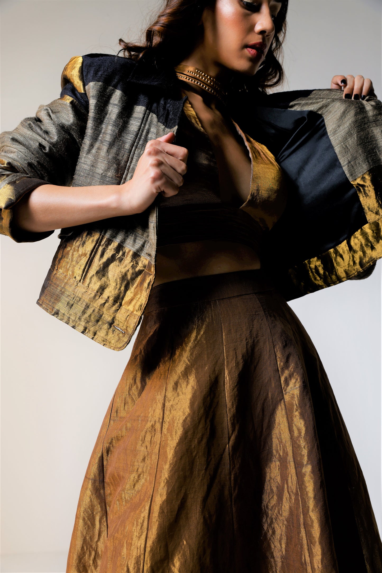 MJ jacket in Black & Gold Handwoven Silk