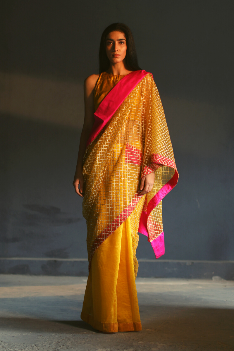 Sari In Yellow Handloom Chanderi & Deco Gota Work
